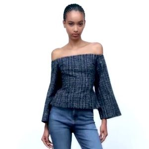 Zara off the shoulder tweed jacket